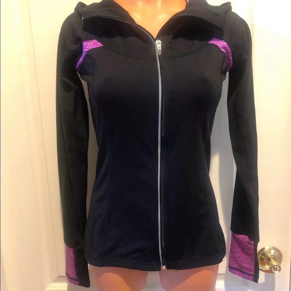 REEBOK Black Magenta Marled Hooded Sport Gym Jacket XS Extra Small EUC $60